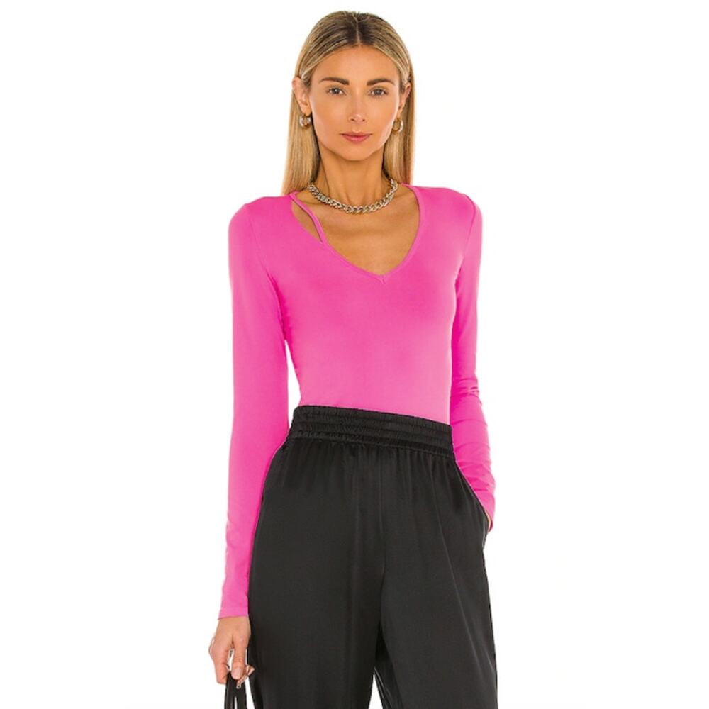 Helmut Lang Cutout Slash V-Neck Long Sleeve Top Shirt Disco Neon Pink M/L